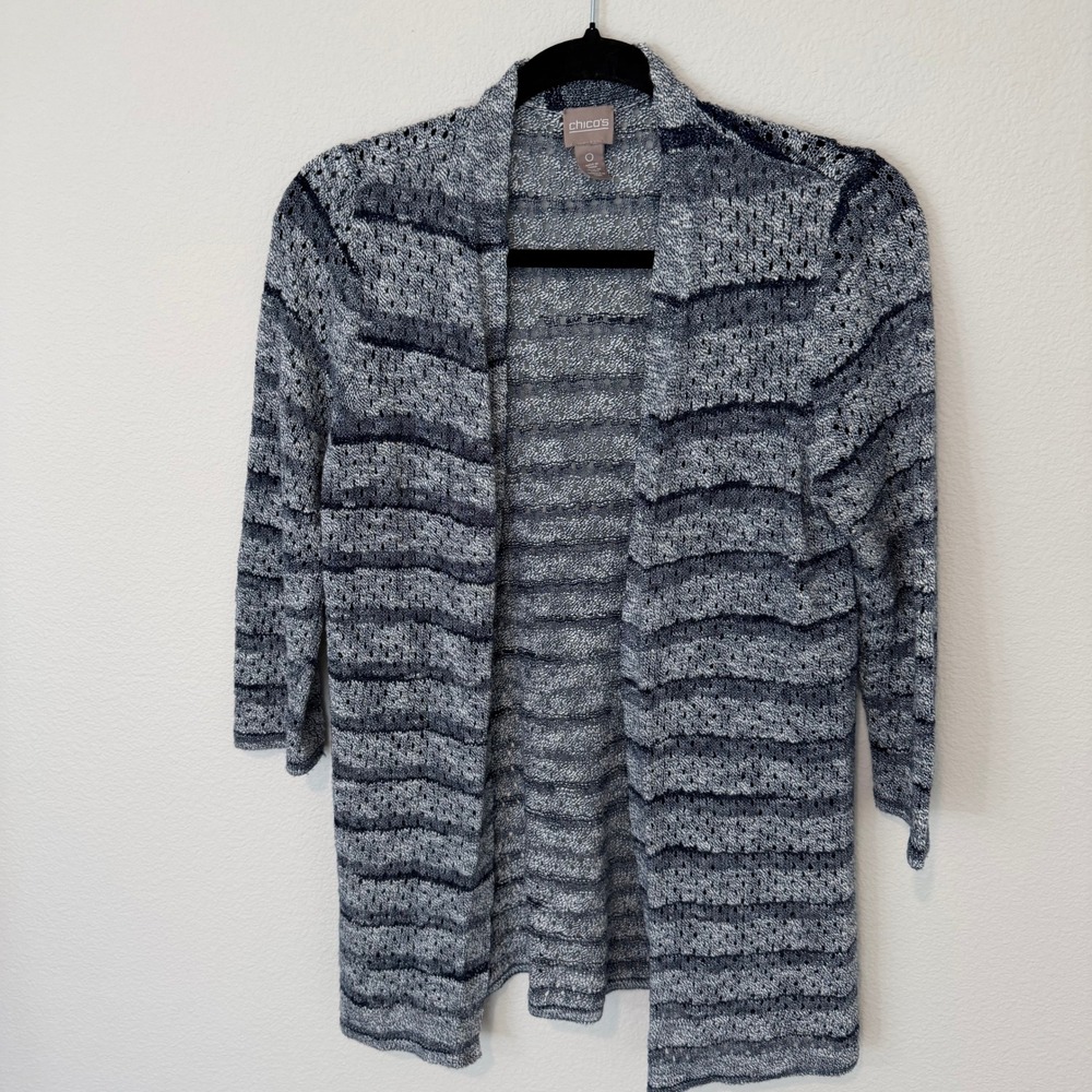 Chico's Cardigan Women 0 Blue Good Open Front Space Pointelle Knit 3/4 Sleeve